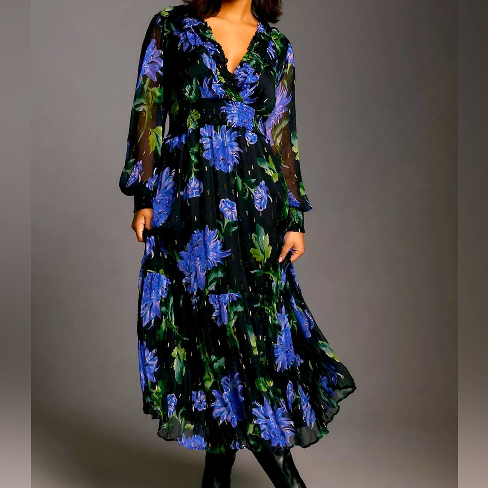NWT Anthropology 3x THE ODETTA RUFFLED V-NECK DRESS purple motif color